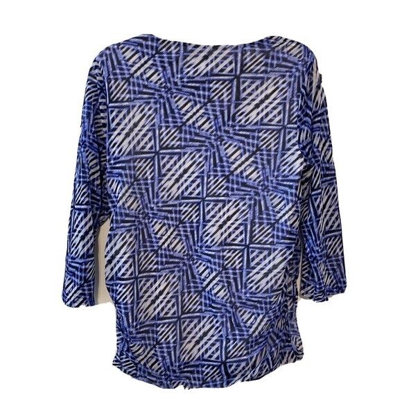 Chico's Womens Size Large Blue Black White Printed Mesh Overlay Nylon Blouse - Picture 3 of 6